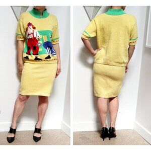 1980s Yellow Knit Sweater & Dress Set w/ Baseball Theme, Short Sleeve Top, Fun